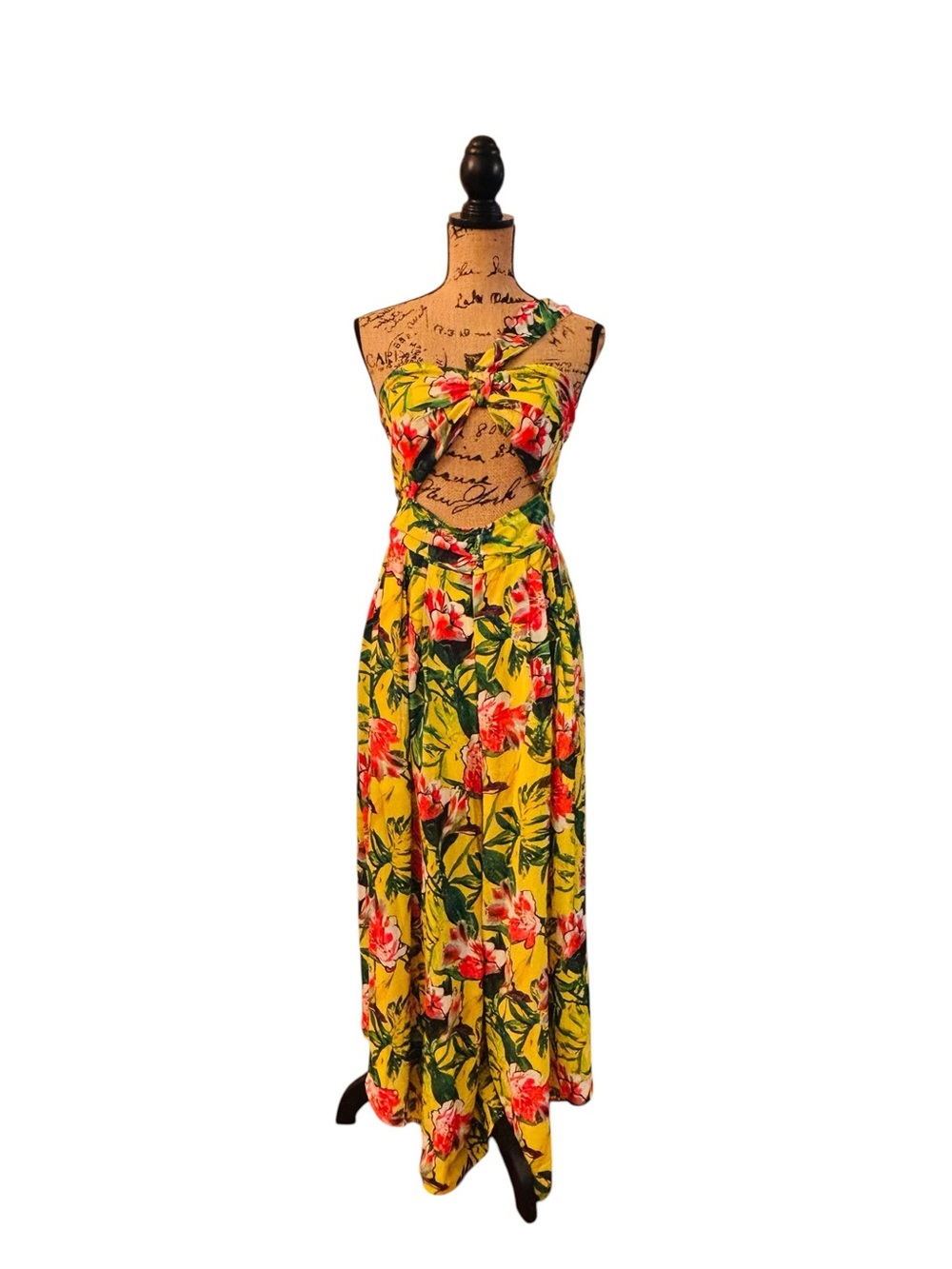 SHEIN Yellow Tropical Floral One-Shoulder Cutout Wide Leg Pants Large 6 0588 - Picture 9 of 9